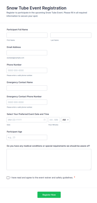 Snow Tube Event Registration Form Template
