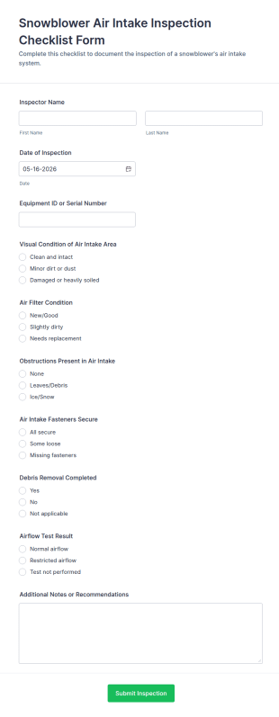 Snowblower Air Intake Inspection Checklist Form Template