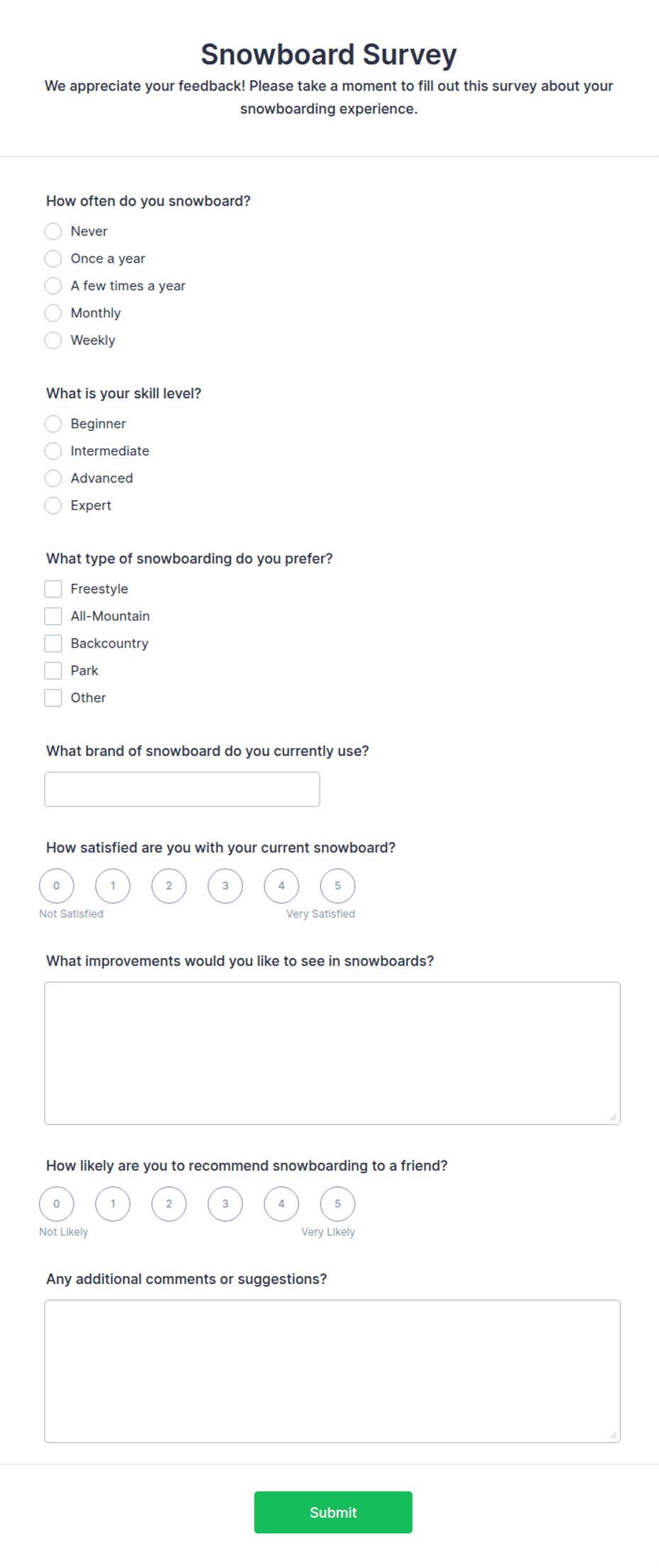 Basic Snowboarding Form Snowboard Survey Form Template | Jotform