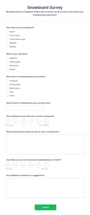 Snowboard Survey Form Template
