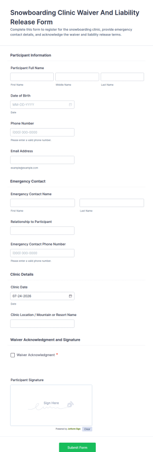 Snowboarding Clinic Waiver And Liability Release Form Template
