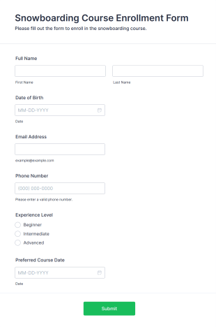 Snowboarding Course Enrollment Form Template