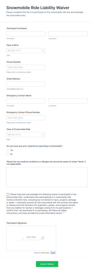Snowmobile Ride Liability Waiver Form Template