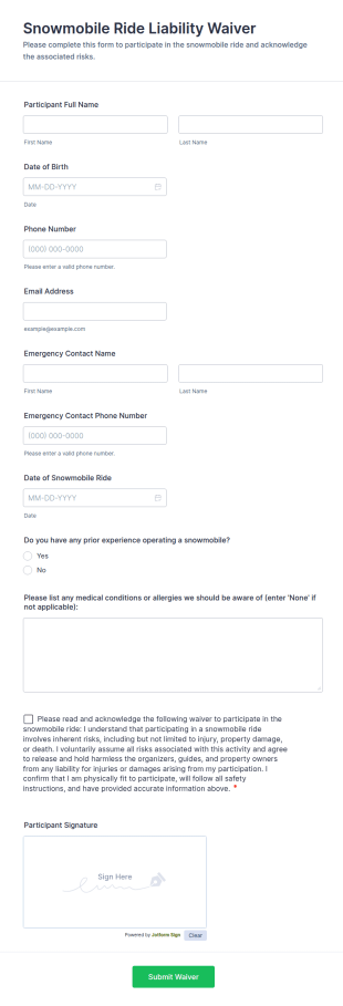 Snowmobile Ride Liability Waiver Form Template