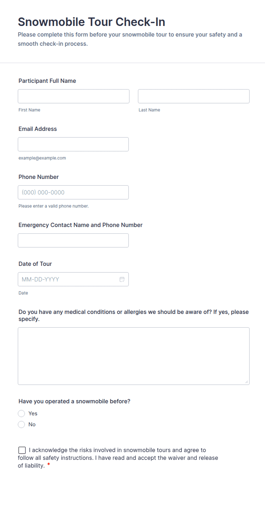 Snowmobile Tour Check-In Form Template | Jotform