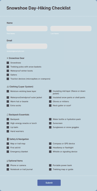 Snowshoe Day Hiking Checklist Form Template