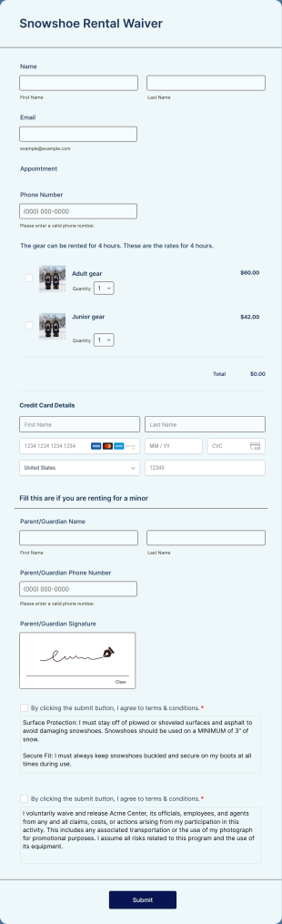 Snowshoe Rental Waiver Form Template