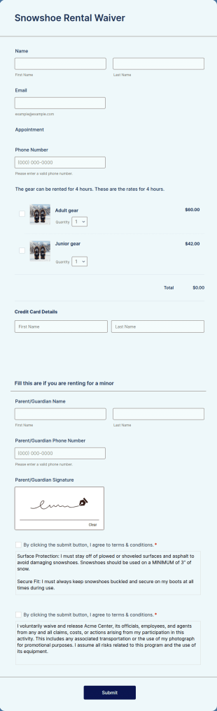 Snowshoe Rental Waiver Form Template
