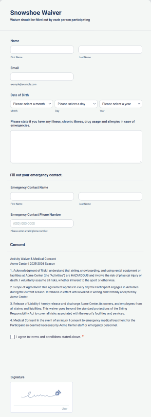 Snowshoe Waiver Form Template