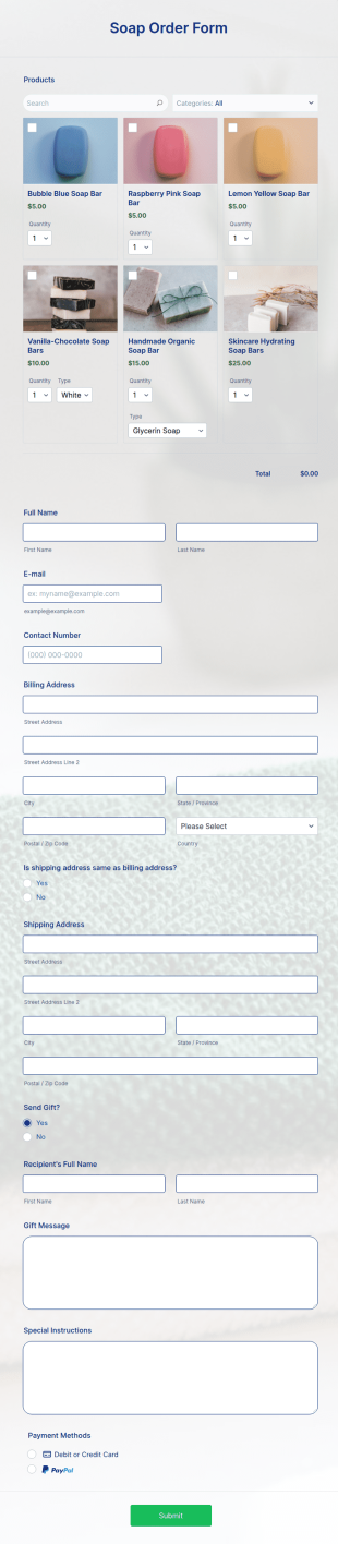 Soap Order Form Template