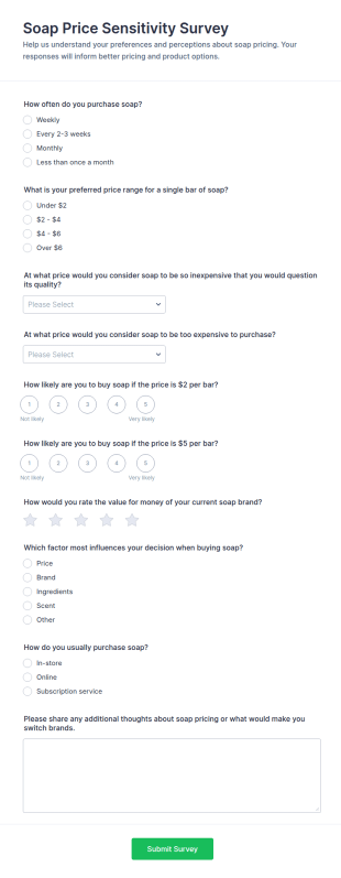 Soap Price Sensitivity Survey Form Template