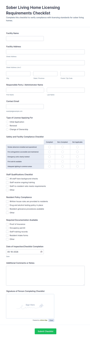 Sober Living Home Licensing Requirements Checklist Form Template