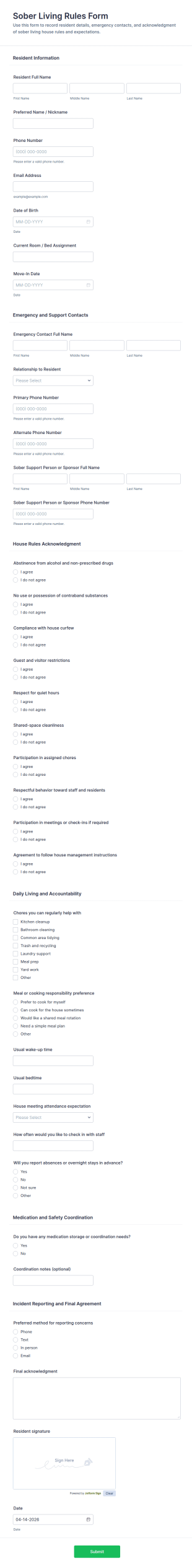 Sober Living Rules Compliance Form Template