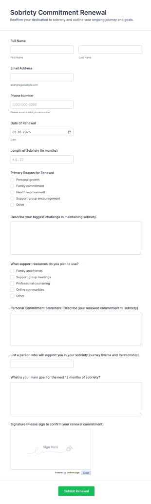 Sobriety Commitment Renewal Form Template