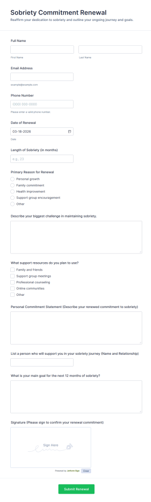 Sobriety Commitment Renewal Form Template