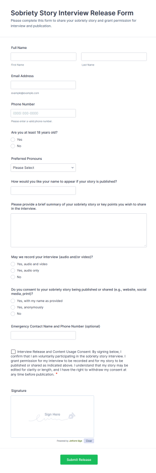 Sobriety Story Interview Release Form Template