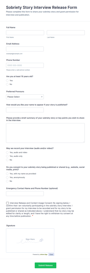 Sobriety Story Interview Release Form Template