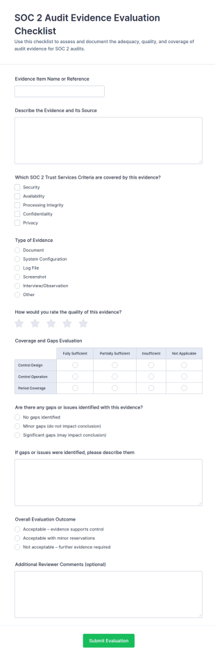 SOC 2 Audit Evidence Evaluation Checklist Form Template