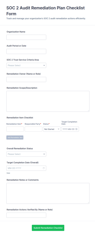 SOC 2 Audit Remediation Plan Checklist Form Template