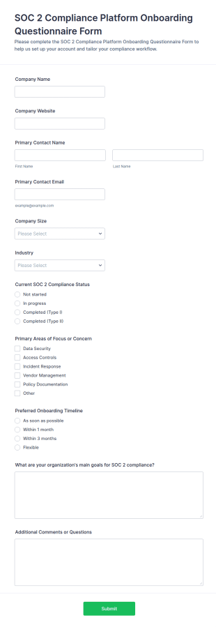 SOC 2 Compliance Platform Onboarding Questionnaire Form Template