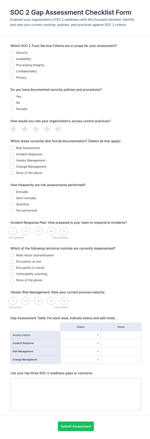 SOC 2 Gap Assessment Checklist Form Template