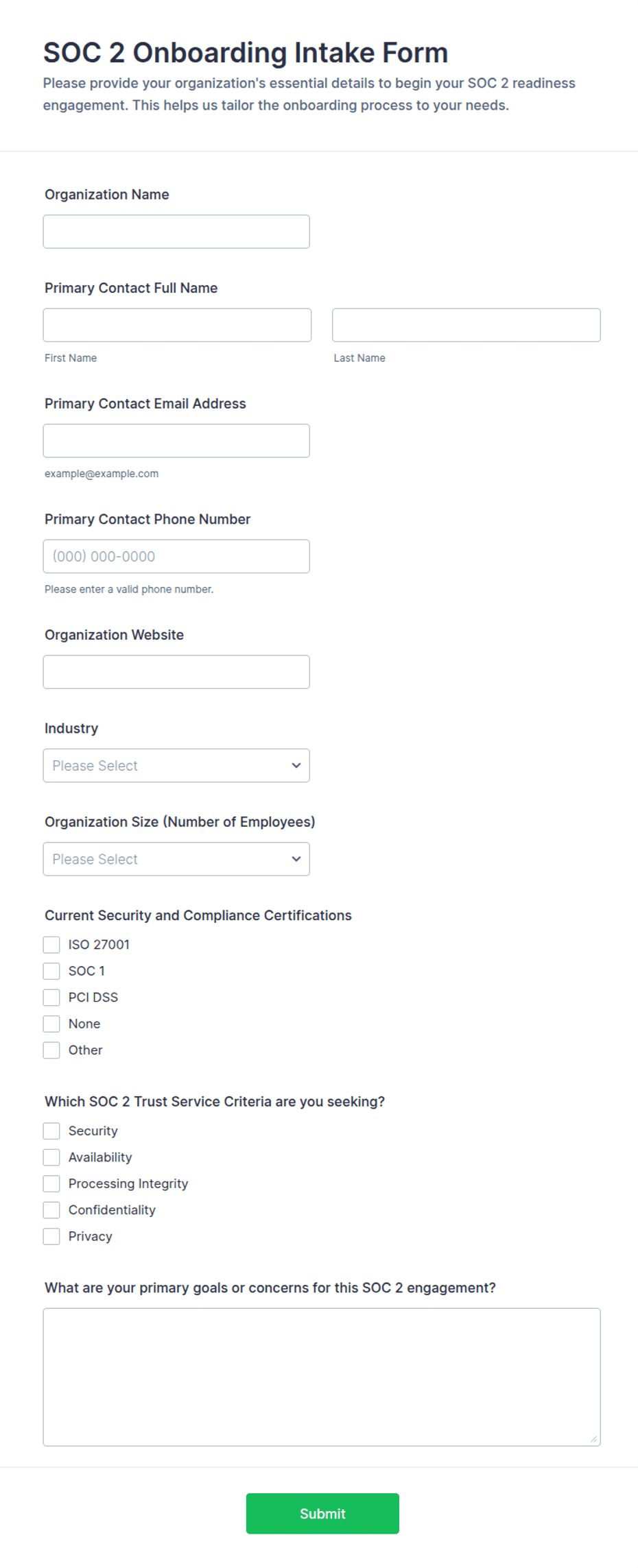 SOC 2 Onboarding Intake Form Template | Jotform
