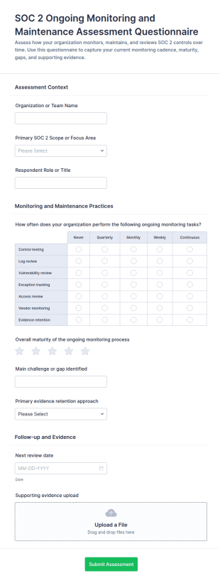 SOC 2 Ongoing Monitoring And Maintenance Assessment Form Template