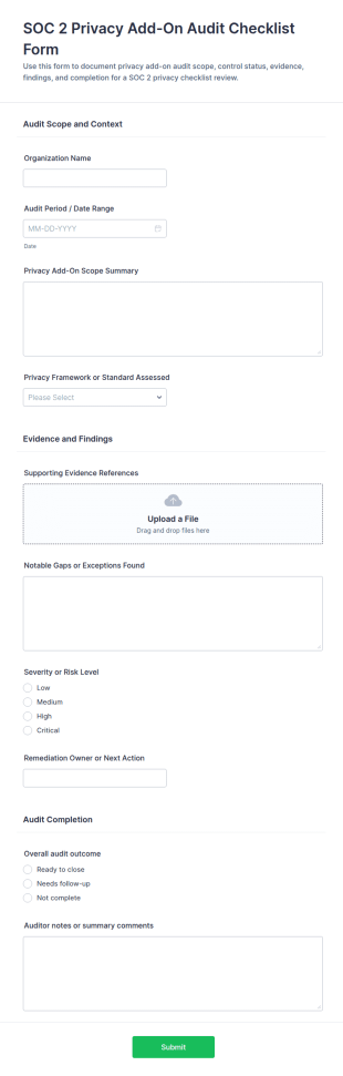 SOC 2 Privacy Add On Audit Checklist Form Template