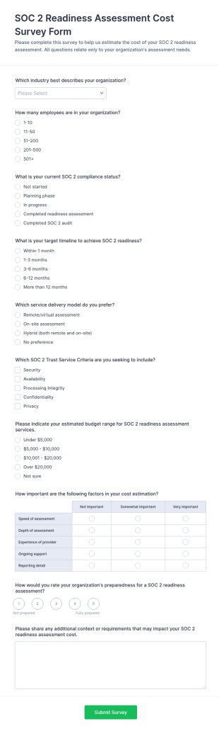 SOC 2 Readiness Assessment Cost Survey Form Template
