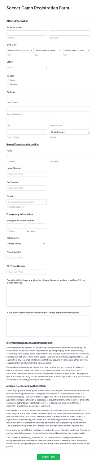 Soccer Camp Registration Form Template