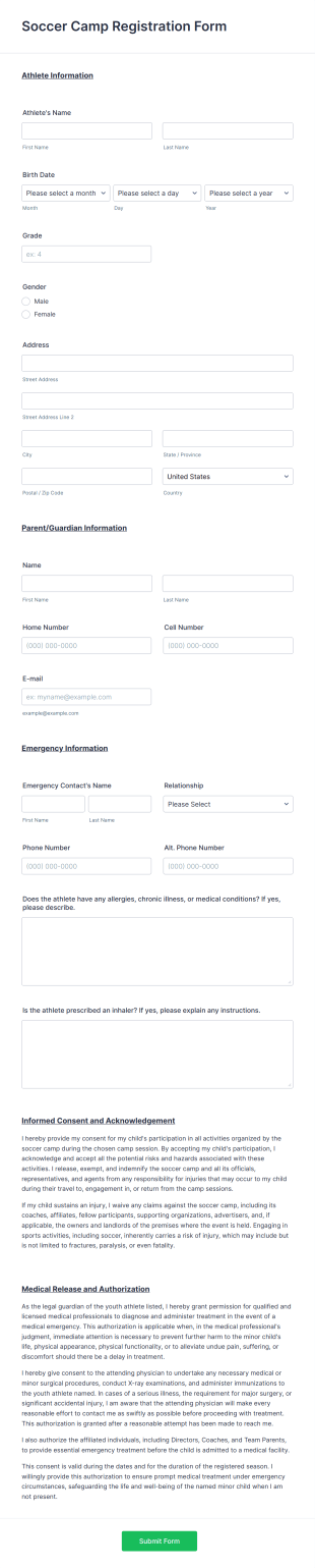 Soccer Camp Registration Form Template
