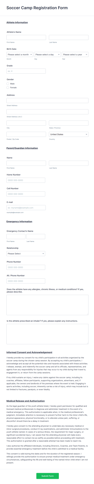 Soccer Camp Registration Form Template