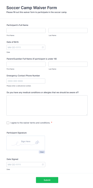 Soccer Camp Waiver Form Template
