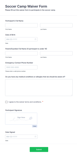Soccer Camp Waiver Form Template