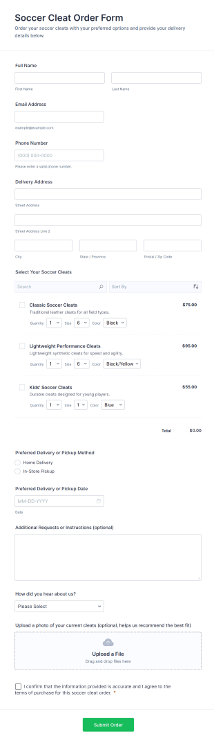 Soccer Cleat Order Form Template
