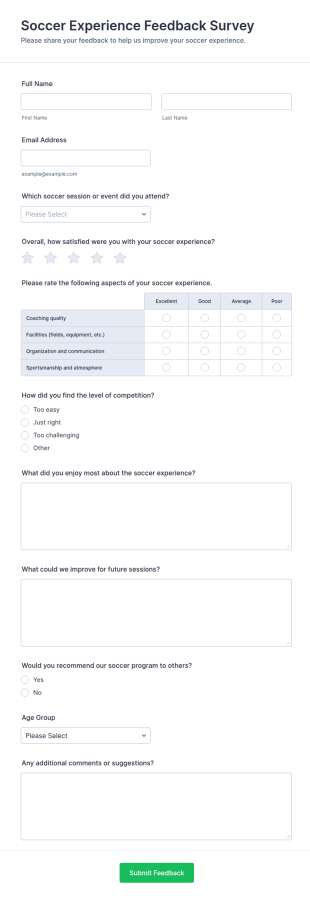 Soccer Experience Feedback Survey Form Template