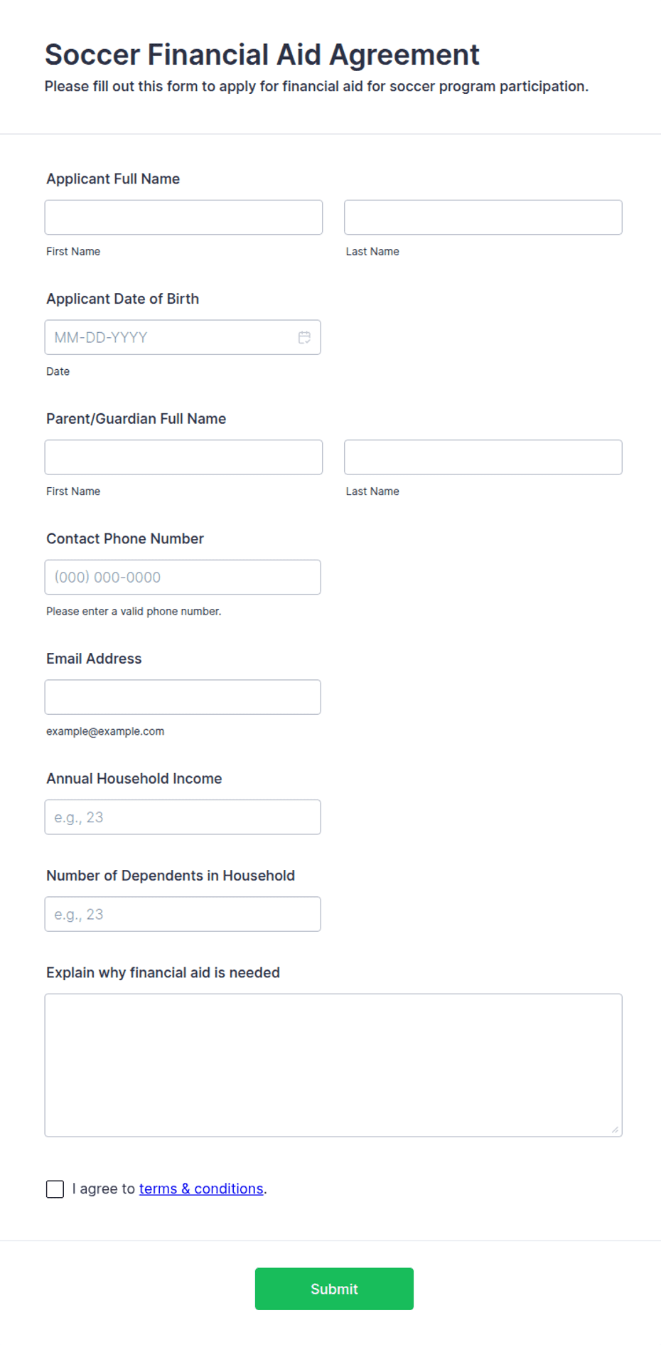 Soccer Financial Aid Agreement Form Template | Jotform
