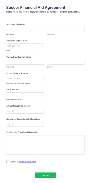 Soccer Financial Aid Agreement Form Template