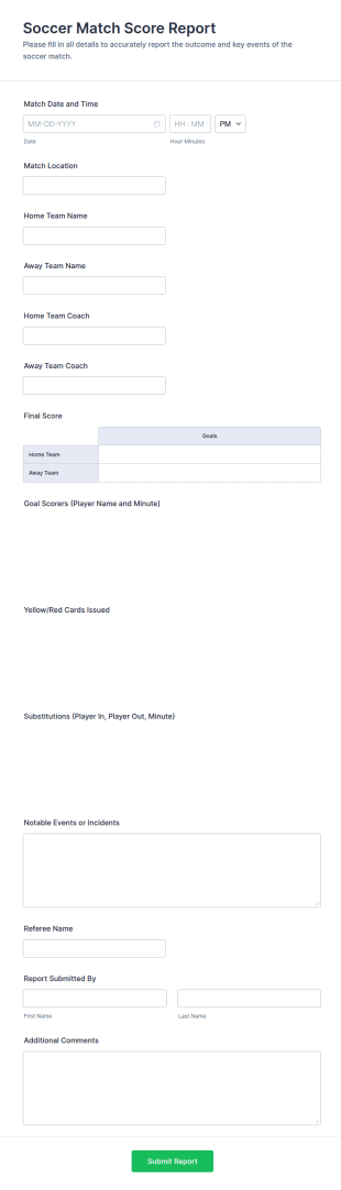 Soccer Match Score Report Form Template
