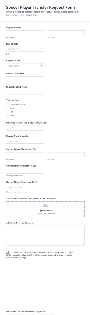 Soccer Player Transfer Request Form Template