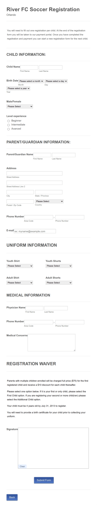 Soccer Registration Form Template