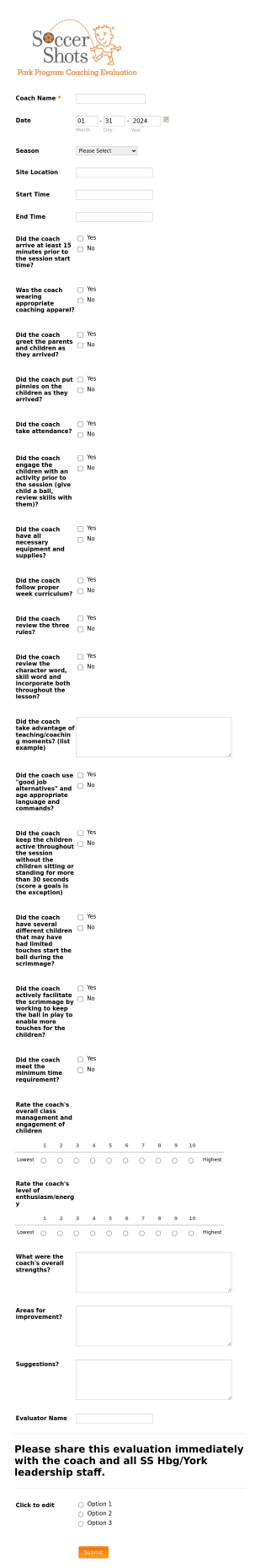 Soccer Shots Park Program Evaluation Form Template
