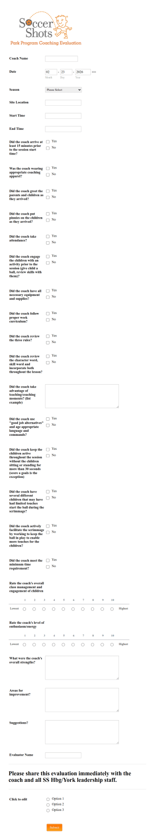 Soccer Shots Park Program Evaluation Form Template