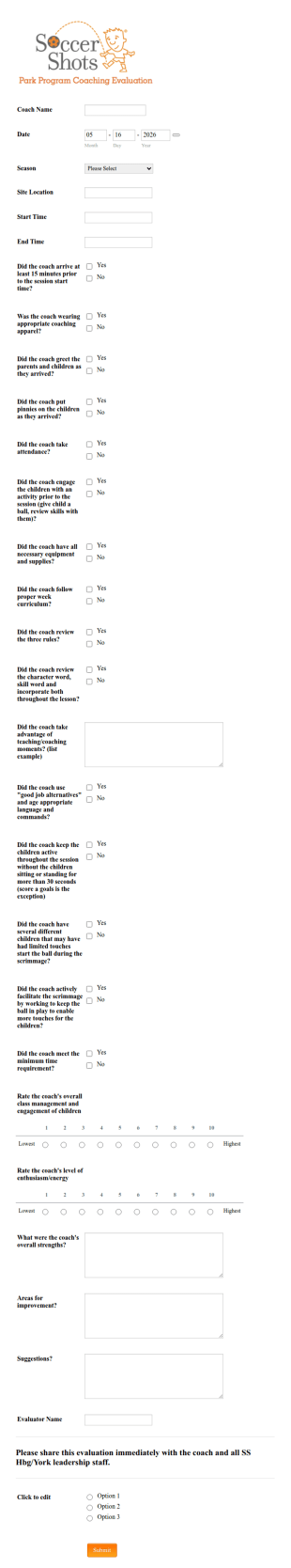 Soccer Shots Park Program Evaluation Form Template