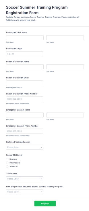 Soccer Summer Training Program Registration Form Template