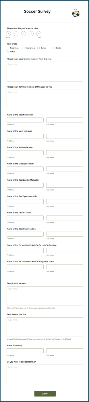 Soccer Survey Form Template