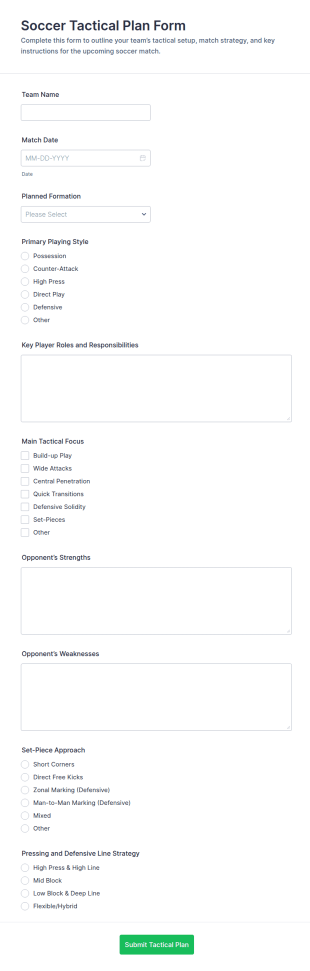 Soccer Tactical Plan Form Template