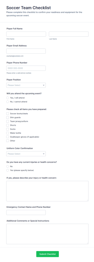 Soccer Team Checklist Form Template