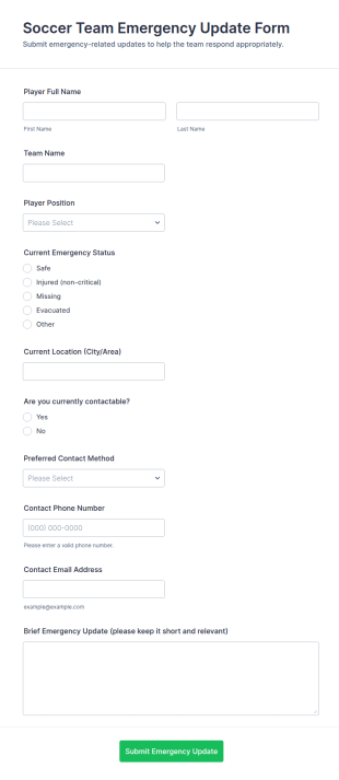 Soccer Team Emergency Update Form Template