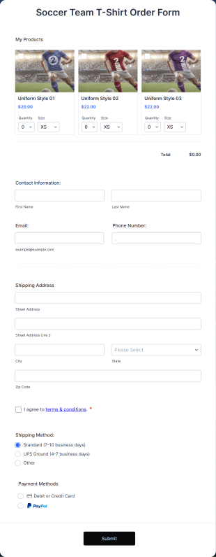 Soccer Team T Shirt Order Form Template